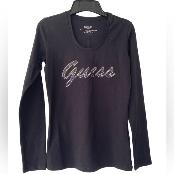 GUESS Cotton Long Sleeve T-Shirt with Rhinestones - Size S - Picture 3 of 5